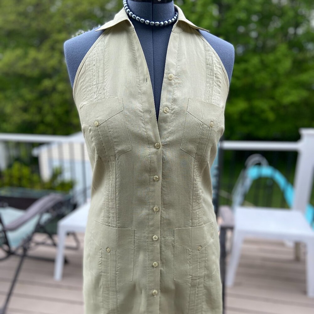 Traditional Cuban linen Guayabera lined halter dress light green Large